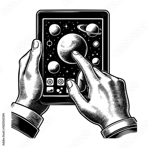 Hands Holding Tablet and Touching Screen with Finger Black and White