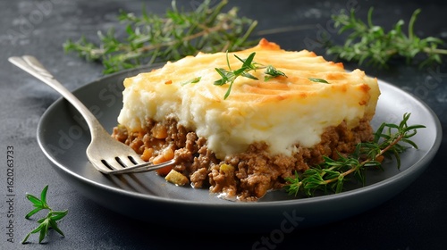 Aromatic Shepherd's Pie with Creamy Mashed Potatoes and Ground Beef on Dark Plate