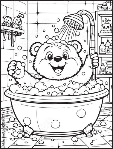 Printable animal-themed coloring page for kids and adults: Funny bear taking a shower