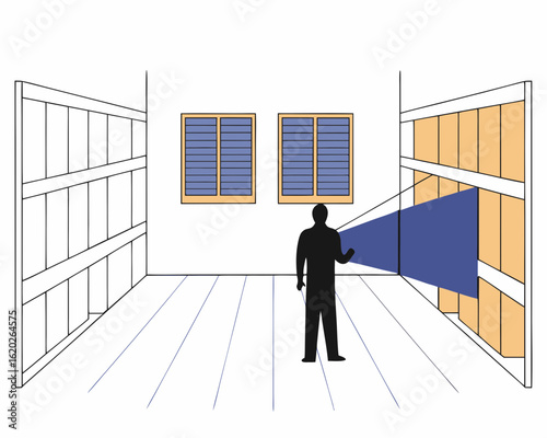 Person standing in storage room with shelves, inspecting items under focused light