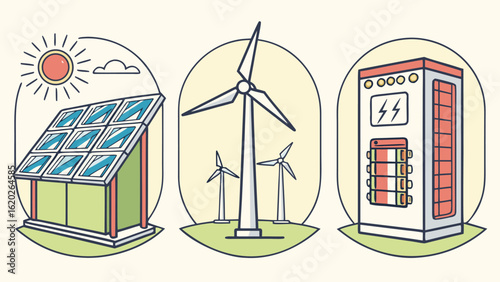 Illustration depicting solar panels under the sun, windmills, and a power distribution unit in separate circles