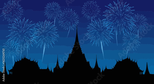 Silhouette Nighttime Fireworks Over Temple Celebration Event Festive Background