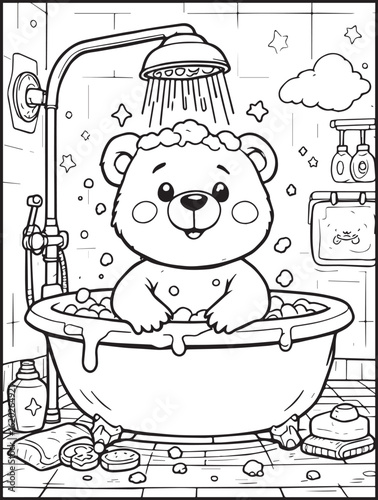 Printable animal-themed coloring page for kids and adults: Bear taking a bath