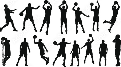 Basketball player silhouette vector, dynamic athlete action poses, slam dunk jump sketch, sports motion illustration, workout figure design, cad drawing flat vector illustration