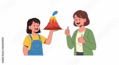 Proud mother and daughter showcasing a homemade volcano science project.