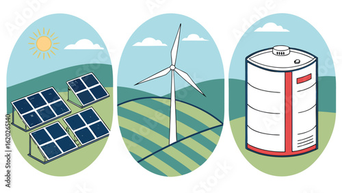 Illustration showing solar panels under the sun, a wind turbine, and a storage tank representing energy sources