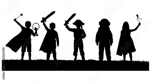 Vector art of children in silhouette wearing fantasy costumes playing with swords and magic wands isolated on transparent background