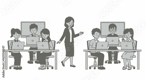 Teacher instructing students in a computer class, using laptops.