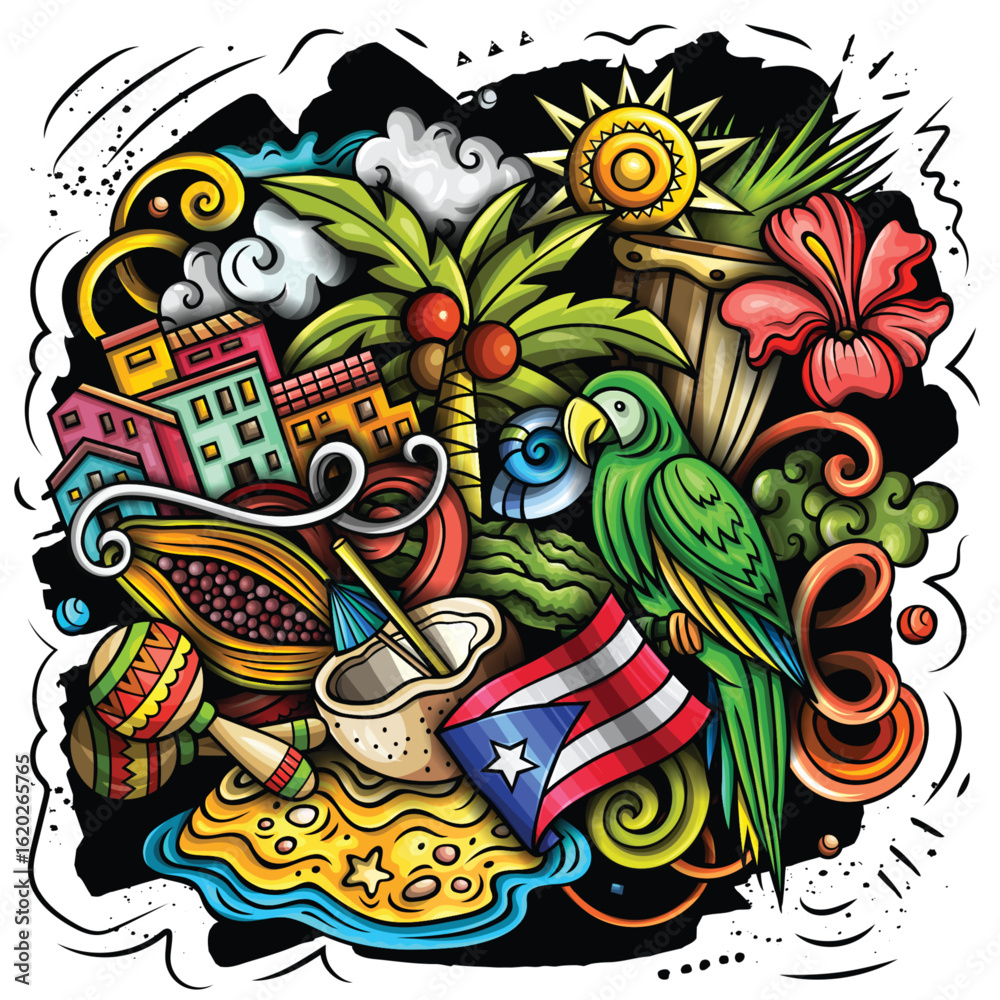 Fototapeta premium Puerto Rico cartoon vector doodle illustration