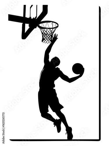 Vector art of silhouette of a basketball player dunking the ball into the hoop, isolated on transparent background