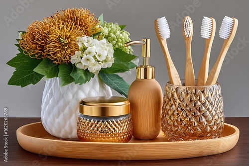 Modern golden toothbrushes and glass jar high resolution picture