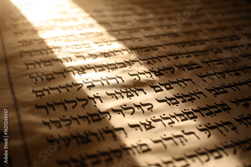 Sacred Hebrew script illuminated by warm sunlight casting dramatic shadows on aged parchment, evoking tradition and spiritual depth