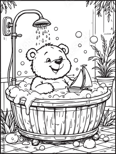 Printable animal-themed coloring page for kids and adults: Cute bear taking a shower