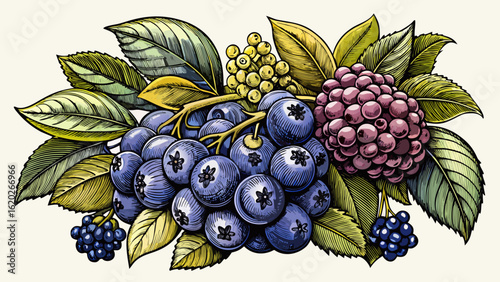 A vintage blueberry and elderberry engraving for retro design and decoration white background displays fine lines and delicate curves. Semi-realistic vector style captures botanical elegance and timel