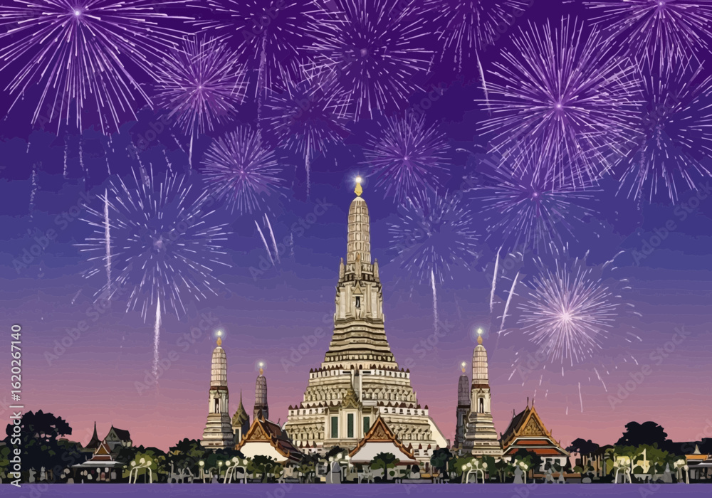 Fototapeta premium Digital Painting Wat Arun Temple with Fireworks Celebration Background Illustration