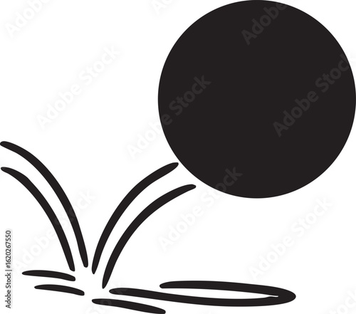 Conceptual illustration of a bouncing ball, a simple black silhouette showing dynamic movement and impact on a surface.
