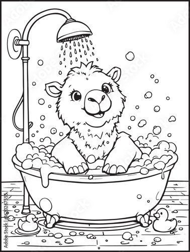 Printable animal-themed coloring page for kids and adults: Cute camel taking a shower
