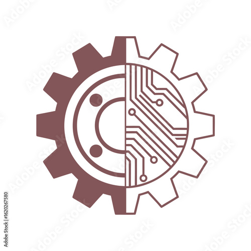 Brown gear split into mechanical and circuit board halves on white background technology
