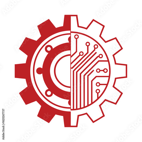 Red gear symbol split into mechanical and electronic circuit board halves vector