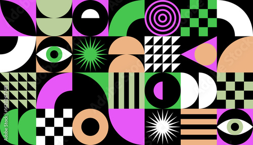 фотографія Colorful abstract geometric composition featuring eyes, stars, and concentric shapes
