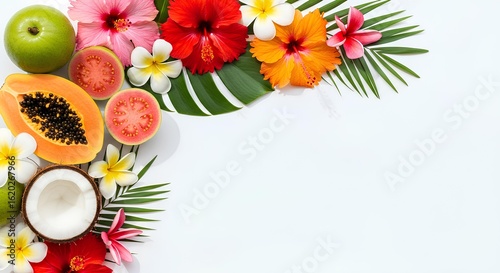 Vibrant arrangement of fresh tropical fruits and flowers including papaya, coconut, and hibiscus on a clean white background with copy space