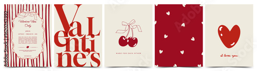 Valentine's Day card set in vintage style. Template with hearts, cherry, bows, coquette frame. For celebration, poster, banner, ads, branding, cover, label, sale
