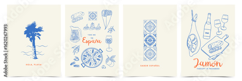 Summer abstract poster set with trendy hand drawn doodle elements and Mediterranean food. Spanish vacation line art for wall decor, branding, ads, print, card, cover, sale, discount, menus design.