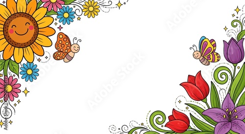 Vibrant cartoon floral border with a smiling sunflower, colorful tulips, and cute butterflies. A whimsical spring or summer garden frame.