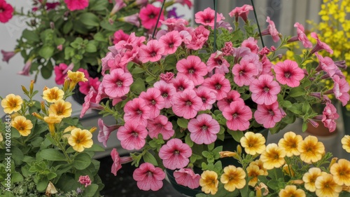 Colorful hanging basket with cascading pink petunias and orange blooms