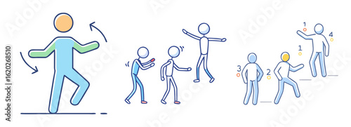 Diverse stick figure actions illustrating movement and activity in sequential order