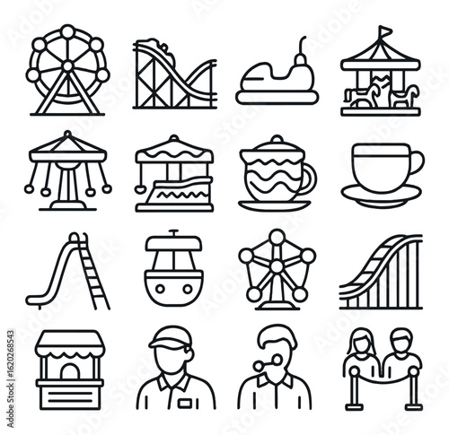 Amusement park icon set featuring ferris wheel roller coaster and tea cup ride