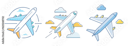 Three stylized airplanes flying among the clouds in simple cartoon style