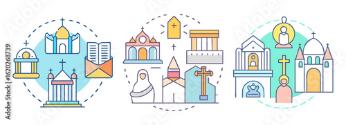 Illustrative comparison of various religious buildings, icons, and sacred symbols
