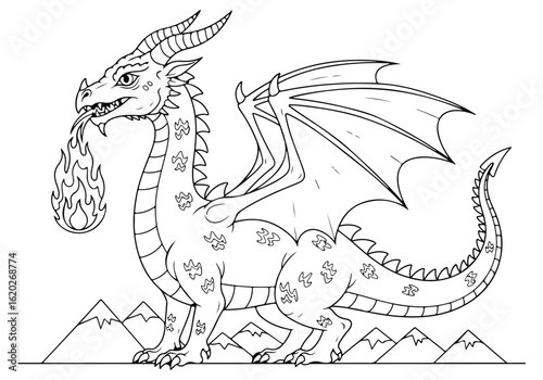 Majestic fantasy dragon breathing fire, mythical creature with wings and scales, powerful beast from legend, suitable for fantasy art printable illustration coloring page for kids