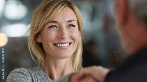 Business Deal Confidence: A poised blond woman extends a hand, conveying a sense of assurance, in a moment of a successful collaboration in a bright environment