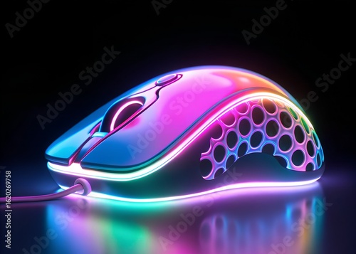 Futuristic gaming mouse with vibrant neon rgb lighting, a modern cyberpunk accessory for pc gamers