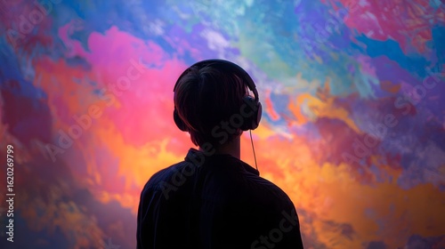 Silhouette of a person wearing headphones looking at a colorful abstract cloud formation with swirling pink yellow and blue tones