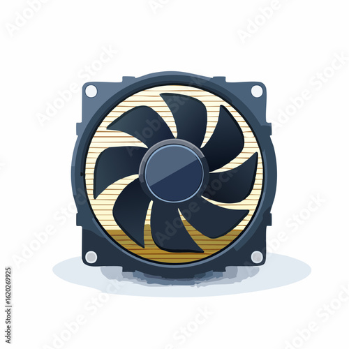 Detailed illustration of a computer cooling fan with dark blades and a light golden striped background on a white background with a subtle shadow