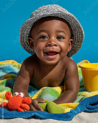 smiling african american baby in hat and beach towel on blue
