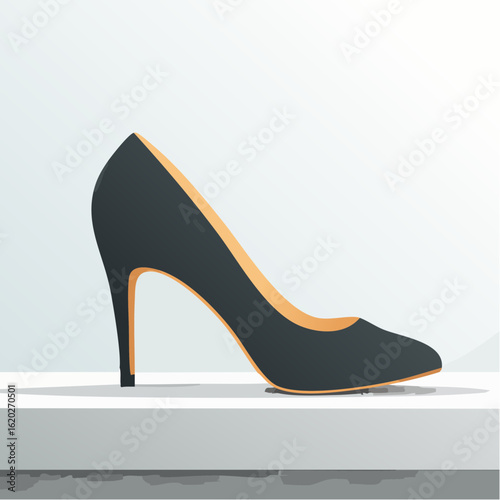 Elegant dark grey high heel shoe with orange trim presented in a minimalist vector illustration on a light background.