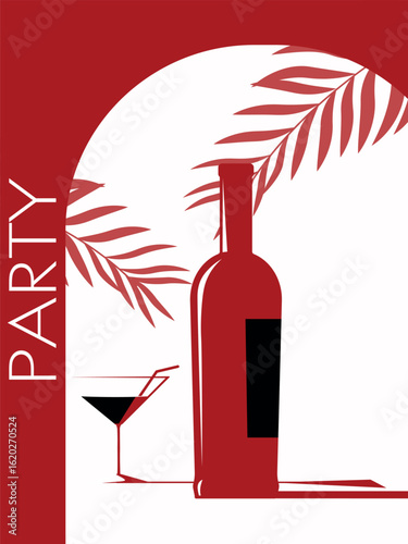 Party poster in red and black colors, flat illustration wine bottle, glass, palm leaves. Banner beach party, tropical vacation, open air bar, red wine, booze, chardonnay