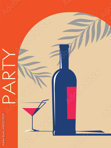 Party poster, banner party on the beach, flat design bottle of wine, glass, shadows. Vacation in the tropics, red wine, merlot, chardonnay, drunkenness, drinking