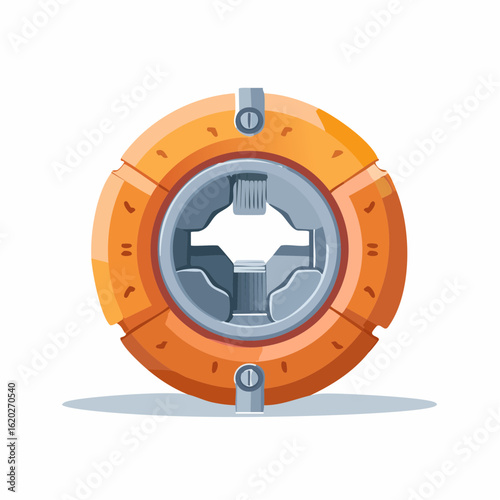 Futuristic orange mechanical device with intricate grey metallic interior and circular design on a white background