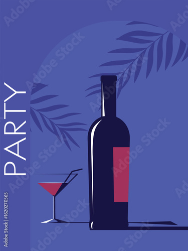 Flat illustration vector wine bottle, glass, palm trees, poster night party, beach bar. Banner festival, wine list, alcohol menu design, booze, red, white wine, cabernet, merlot