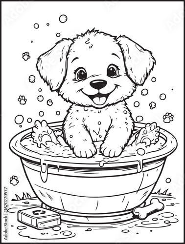 Printable animal-themed coloring page for kids and adults: Cute dog taking a shower