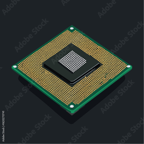 Isometric illustration of a modern computer CPU chip with numerous golden pins and a black processor core on a dark background