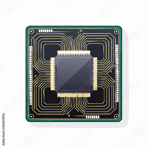 Overhead view of a central processing unit on a black circuit board with intricate golden pathways and numerous pins representing advanced technology and computer hardware.