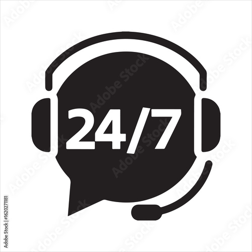 24/7 customer support service icon, headset with microphone symbol for call center, around the clock assistance vector