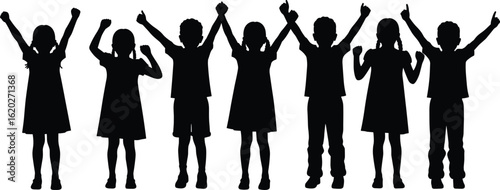 Group of happy kids silhouette, children standing with raised hands, playful joyful pose, cad drawing flat vector illustration, child figures black outline design clipart