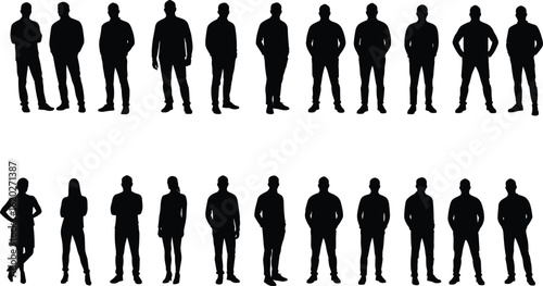Group of people silhouette, standing man and woman, full body side view, cad drawing flat vector illustration, black outline clipart, team crowd pose design